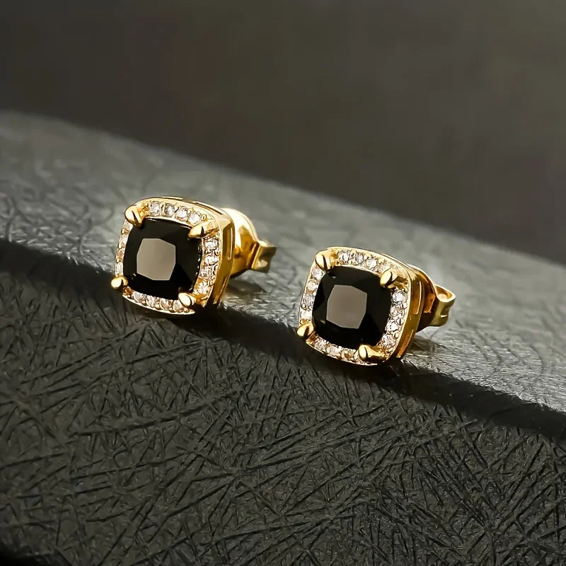 USA Square Black Stud Rectangle 5A+ Cubic ZIRCON 14K Gold Plated Jewelry Aretes De Hombre CZ Diamond Earrings for Men Women